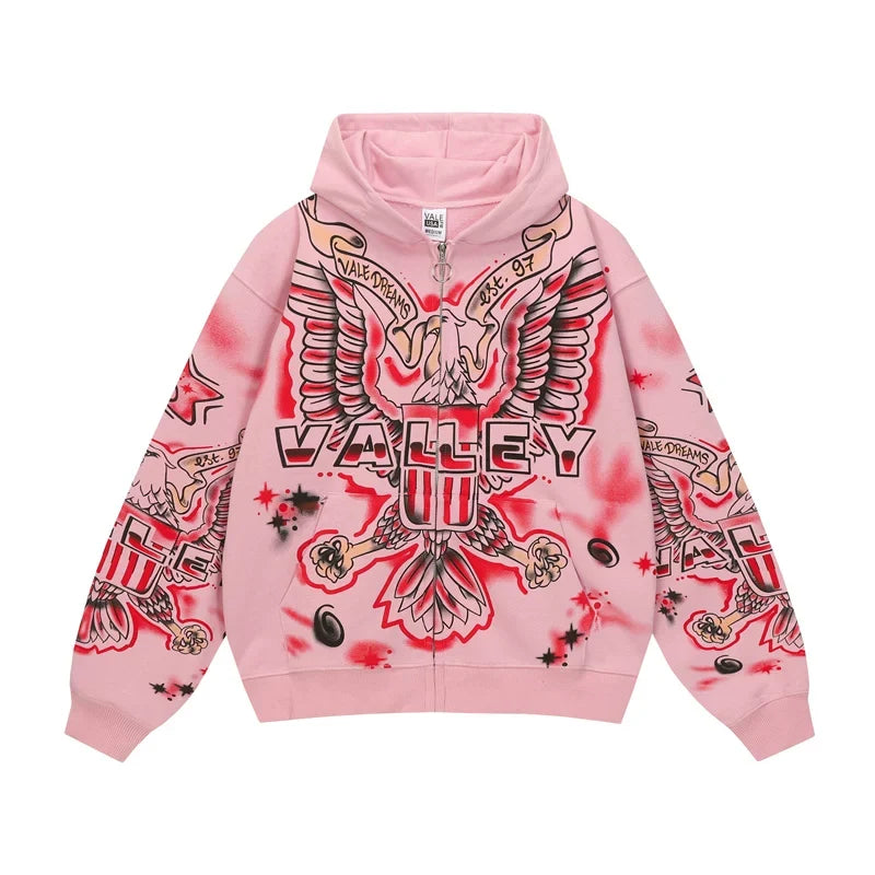 Vale Forever "Valley Dreams Eagle" Vintage Zip-Up Hoodie (Pink)