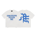 MIXED EMOTION "Emotions Never Die" Gothic Logo Graphic Short Sleeve T-Shirt - Off-White / Blue